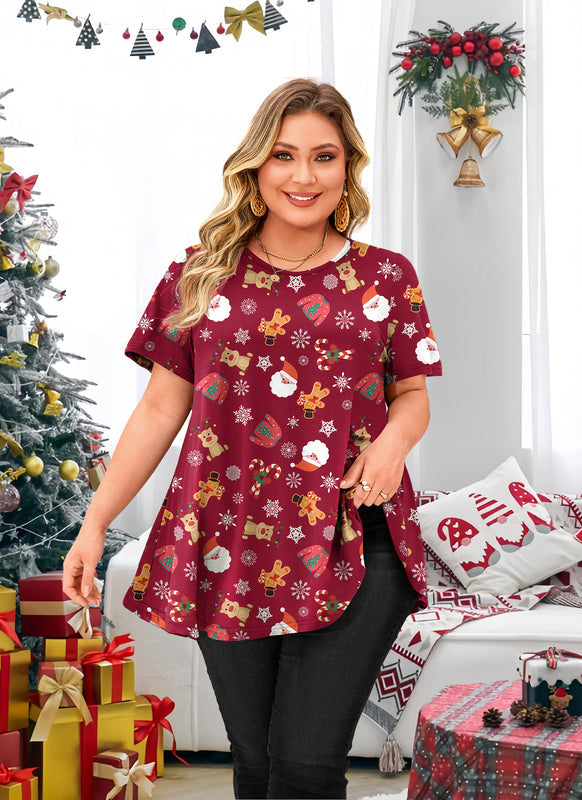 Women's Burgundy Christmas Swing Tunic Top – Short Sleeve, Plus Size B19
