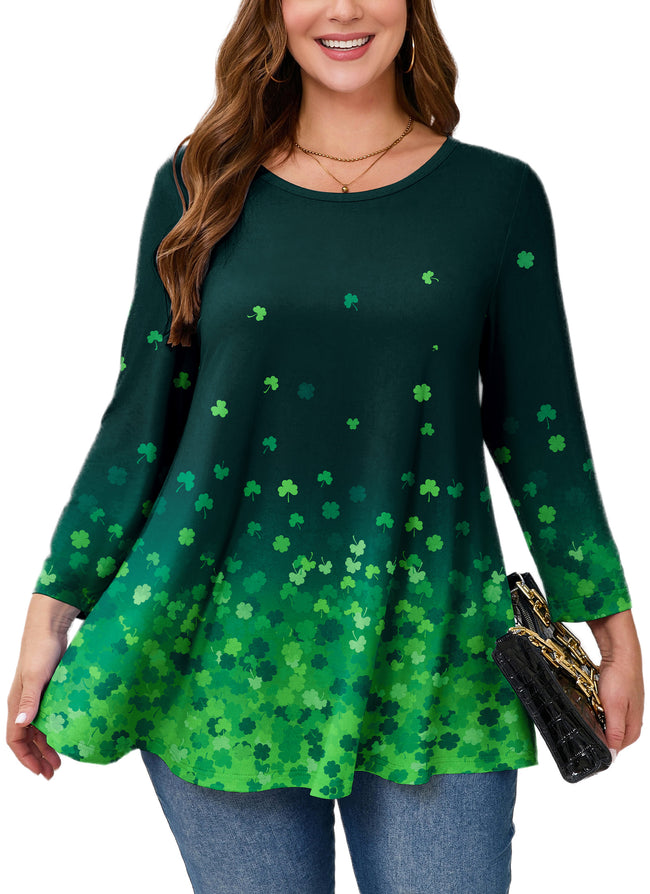 Plus Size Green Clover Print Long Sleeve Swing Tunic