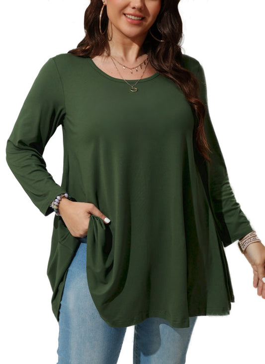 Women's Plus Size Army Green Tunic Top | 3/4 Sleeve Swing Blouse with Pockets, Hi-Low Hem, Wear with Leggings a12 – L to 6XL
