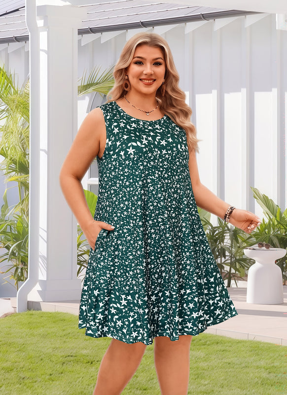 Women's Green Ditsy Floral Sleeveless Tank Dress with Pockets – Plus Size Casual Loose Fit N5