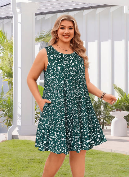 Women's Green Ditsy Floral Sleeveless Tank Dress with Pockets – Plus Size Casual Loose Fit N5