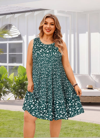 Women's Green Ditsy Floral Sleeveless Tank Dress with Pockets – Plus Size Casual Loose Fit N5