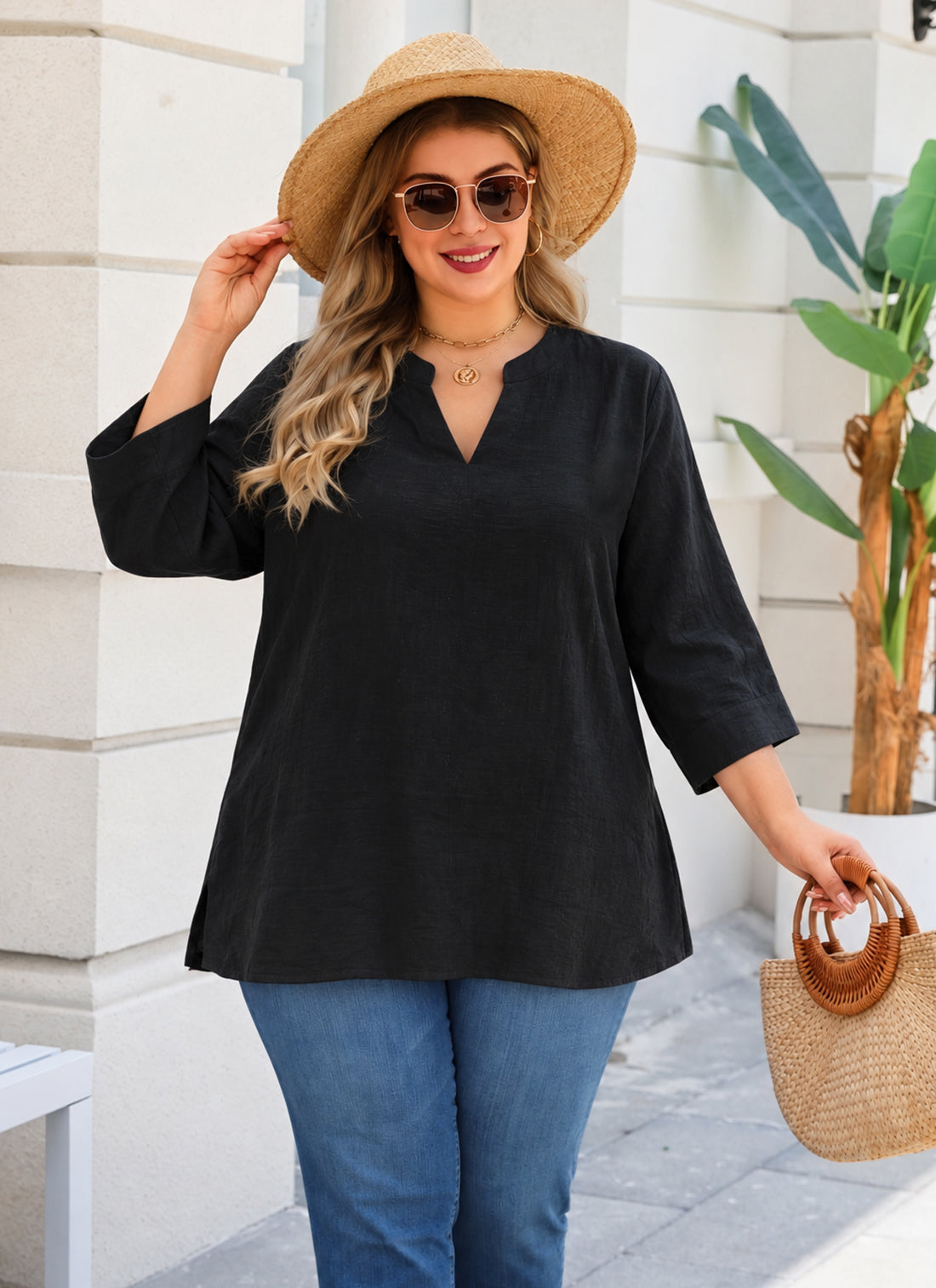 Plus Size Black Split V-Neck Tunic Top  L13