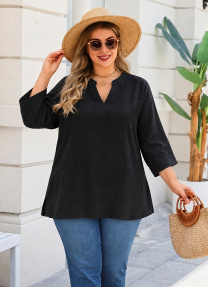 Plus Size Black Split V-Neck Tunic Top  L13