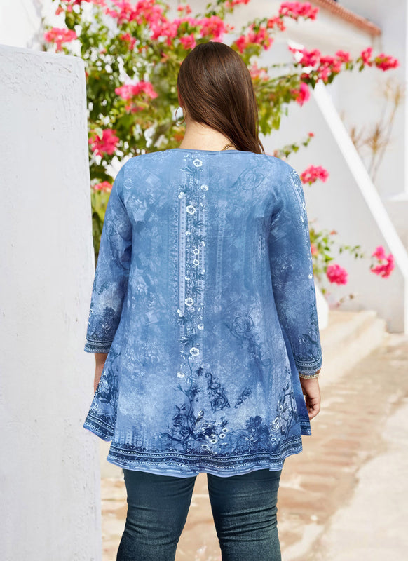 Women's Light Blue Plus Size Swing Tunic Top – 3/4 Sleeve Flowy Blouse A46