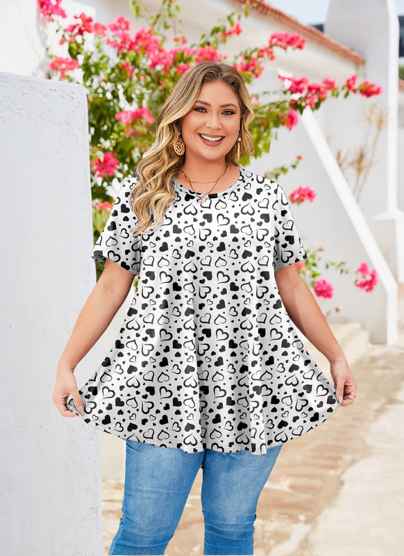 Women's White & Black Swing Tunic Top – Short Sleeve, Plus Size B44