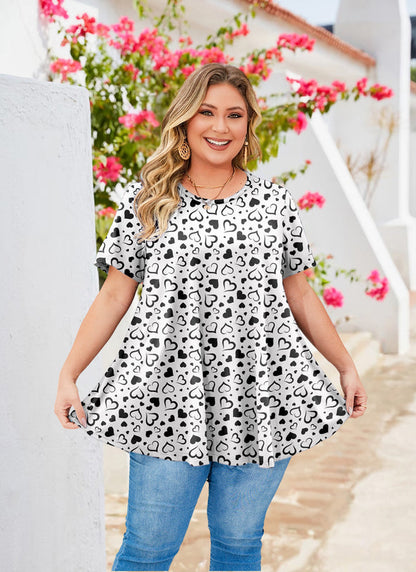 Women's White & Black Swing Tunic Top – Short Sleeve, Plus Size B44