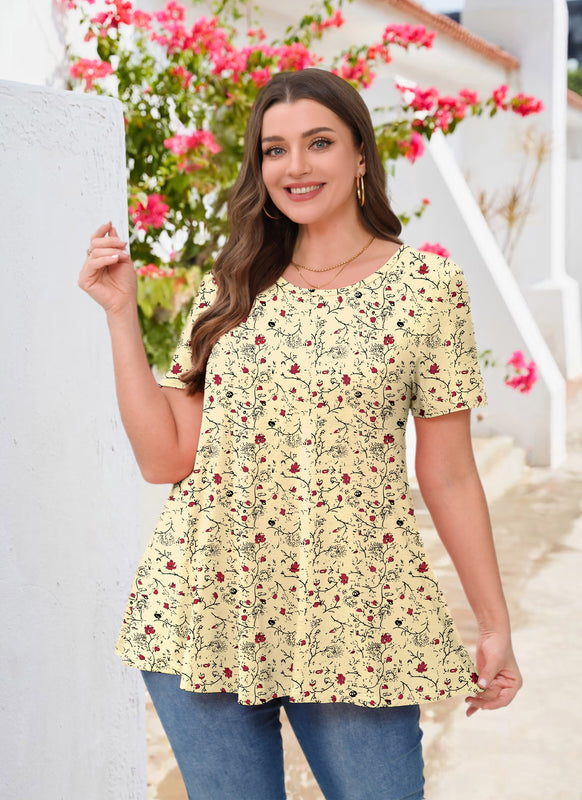 Women's Yellow Floral Swing Tunic Top – Short Sleeve, Plus Size B49