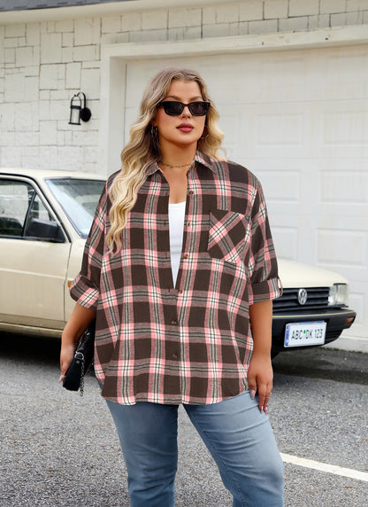 Plus Size Brown & Pink Plaid Button-Up Shirt G22
