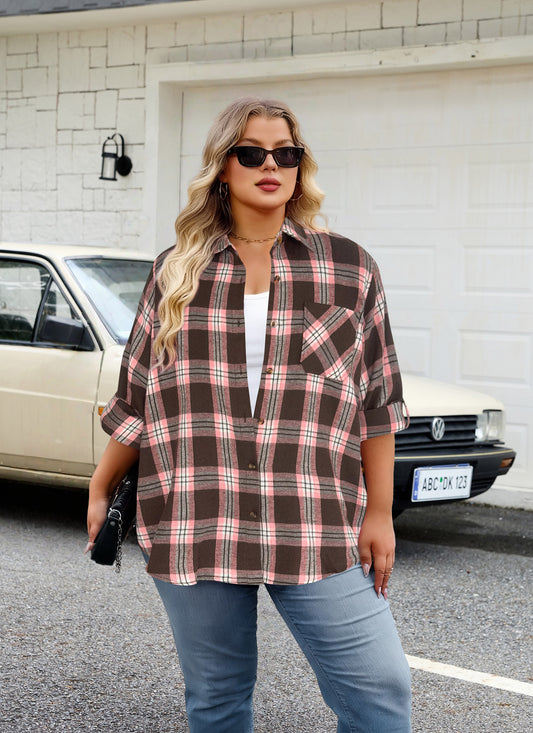 Plus Size Brown & Pink Plaid Button-Up Shirt G22