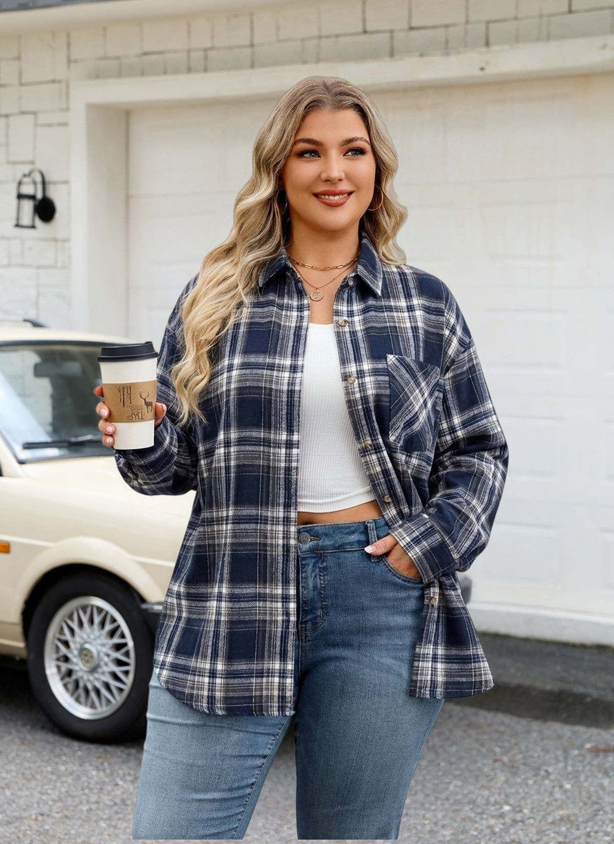 Plus Size Navy & White Plaid Button-Up Shirt