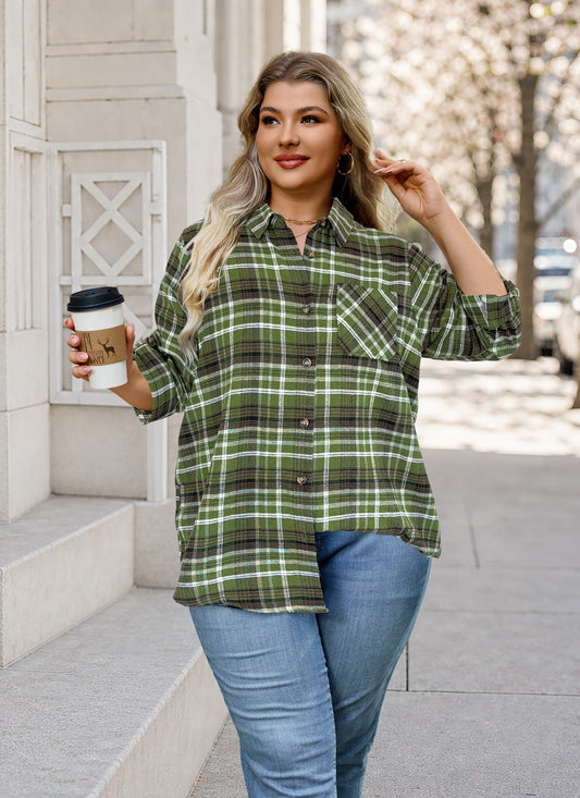 Plus Size Olive Green Windowpane Plaid Shirt G28