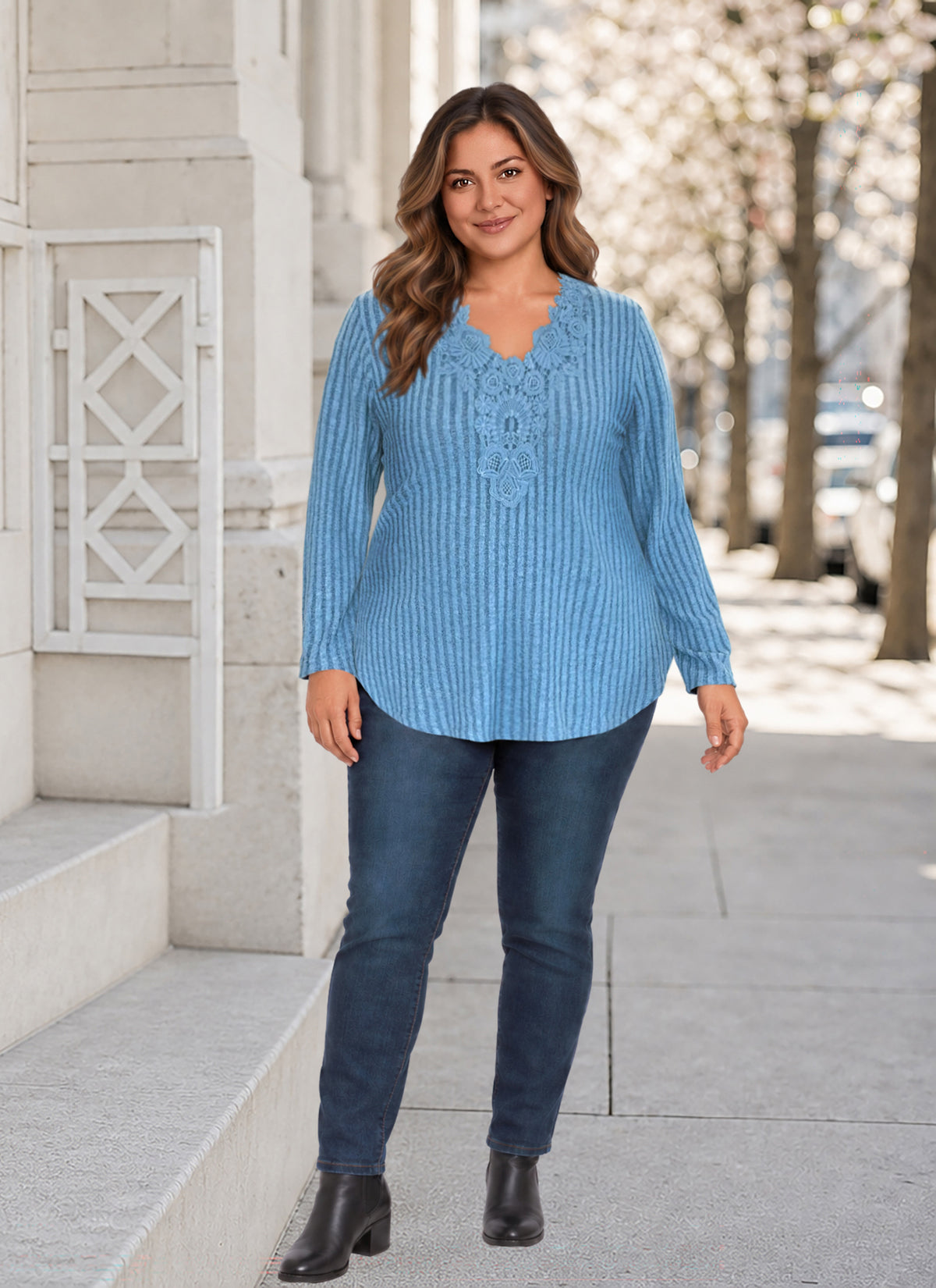 Plus Size Light Blue Lace-Trim Ribbed Tunic Top R3