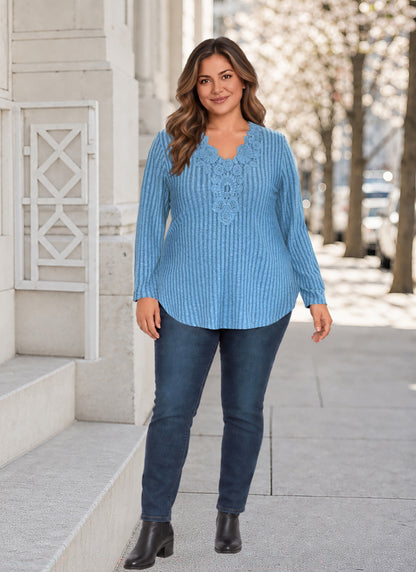Plus Size Light Blue Lace-Trim Ribbed Tunic Top R3