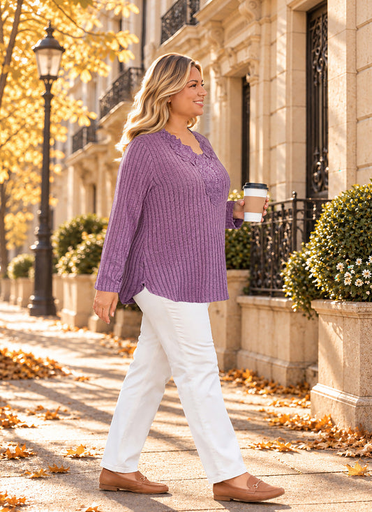 Plus Size Mauve Lace-Trim Ribbed Tunic Top R5