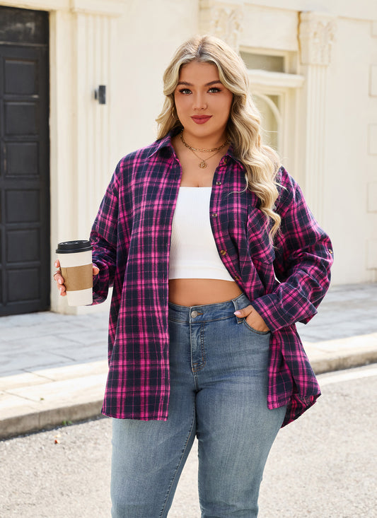 Plus Size Fuchsia & Navy Plaid Button-Up Shirt