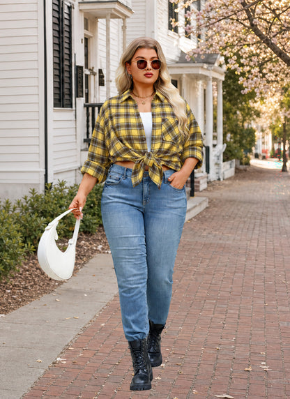 Plus Size Mustard Yellow Plaid Button-Up Shirt G14