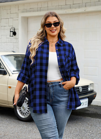 Plus Size Blue Buffalo Plaid Button-Up Shirt G18