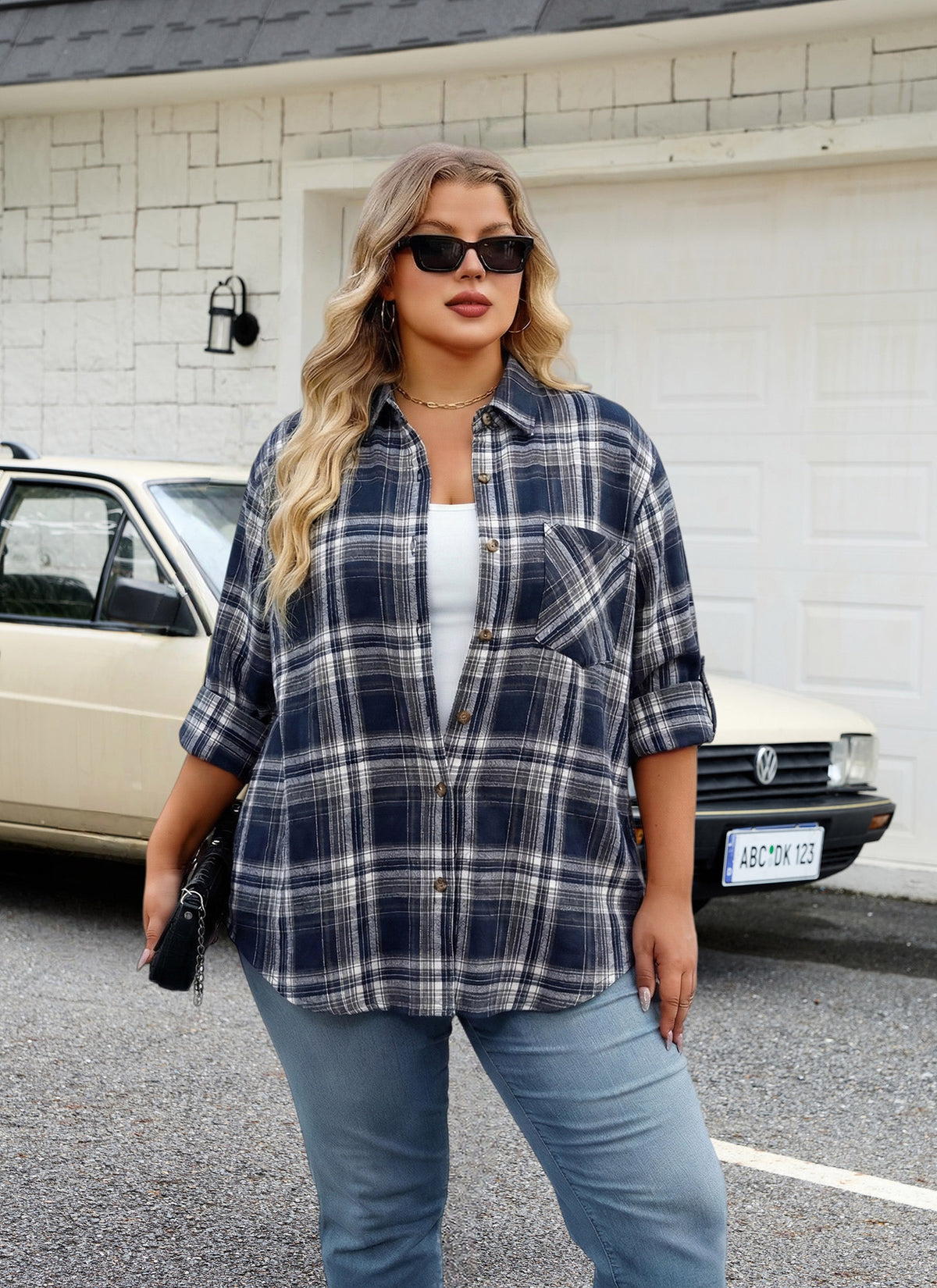 Plus Size Navy & White Plaid Button-Up Shirt