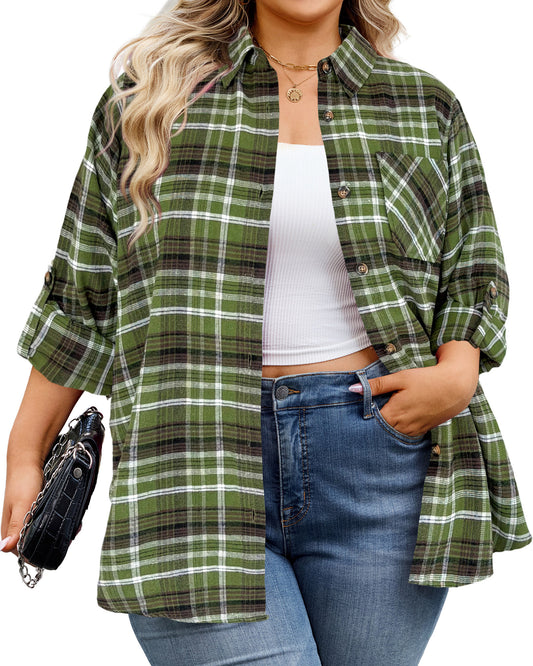 Plus Size Olive Green Windowpane Plaid Shirt G28