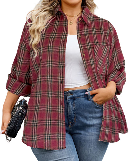 Plus Size Burgundy Windowpane Plaid Button-Up Shirt G25