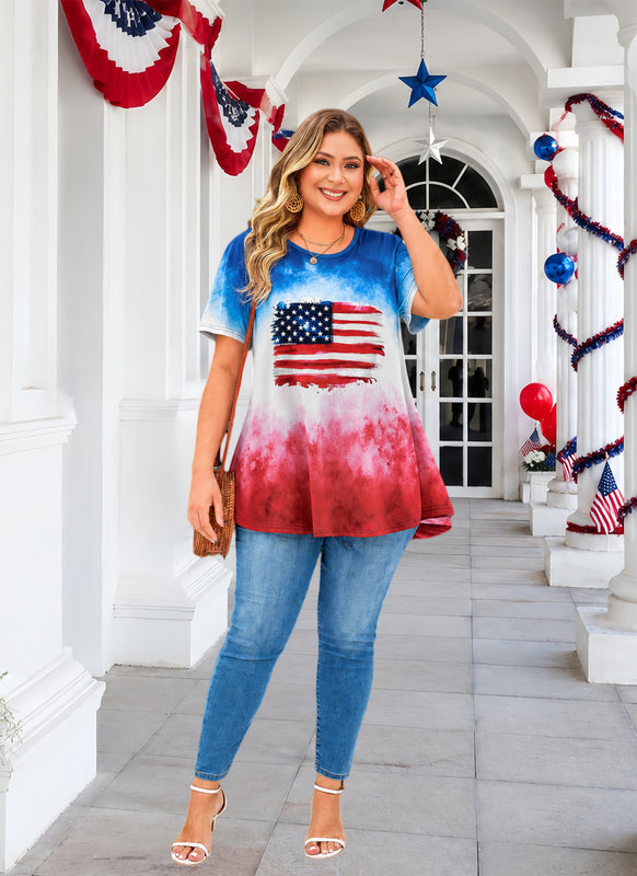 Women's Plus Size American Flag Tunic Top – Short Sleeve USA Patriotic Swing Blouse e21
