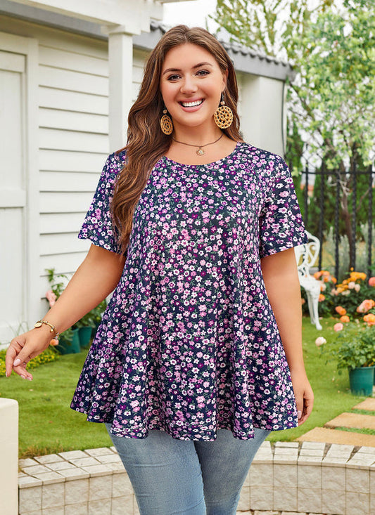 Women's Plus Size Navy Blue & Purple Tunic Top – Short Sleeve Swing Blouse e7
