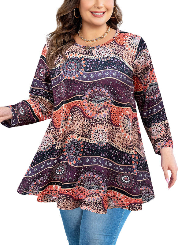 Women's Plus Size Tunic Top | 3/4 Sleeve Brown Orange Flowy Swing Flare Blouse S-4XL A41
