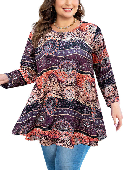 Women's Plus Size Tunic Top | 3/4 Sleeve Brown Orange Flowy Swing Flare Blouse S-4XL A41