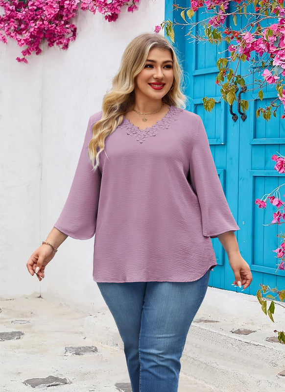 Women's Plus Size Purple Floral Trim V-Neck Blouse | 3/4 Sleeve Tunic Top