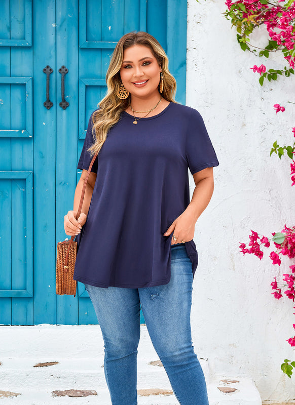 Women's Plus Size Navy Blue Tunic Top – Short Sleeve Solid Swing Blouse e13