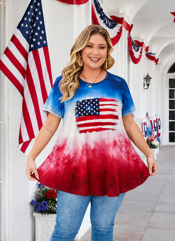 Women's Plus Size American Flag Tunic Top – Short Sleeve USA Patriotic Swing Blouse e21