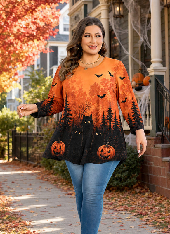 Women's Orange & Black Plus Size Swing Tunic Top – 3/4 Sleeve Flowy Blouse A49