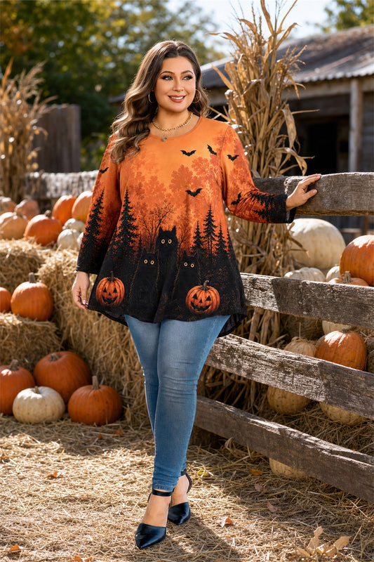 Women's Orange & Black Plus Size Swing Tunic Top – 3/4 Sleeve Flowy Blouse A49