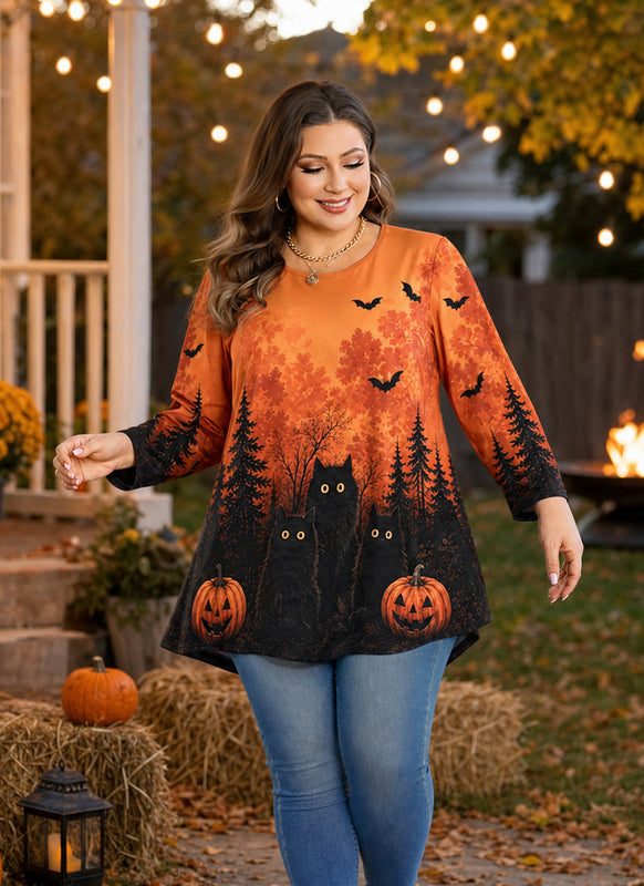 Women's Orange & Black Plus Size Swing Tunic Top – 3/4 Sleeve Flowy Blouse A49