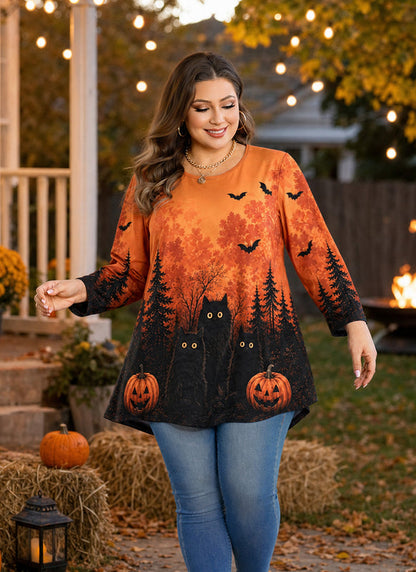 Women's Orange & Black Plus Size Swing Tunic Top – 3/4 Sleeve Flowy Blouse A49