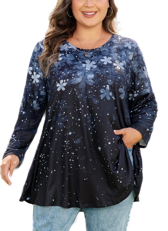 Women's Plus Size Grey & Black Floral Tunic Top – 3/4 Sleeve Swing Flare Blouse d9
