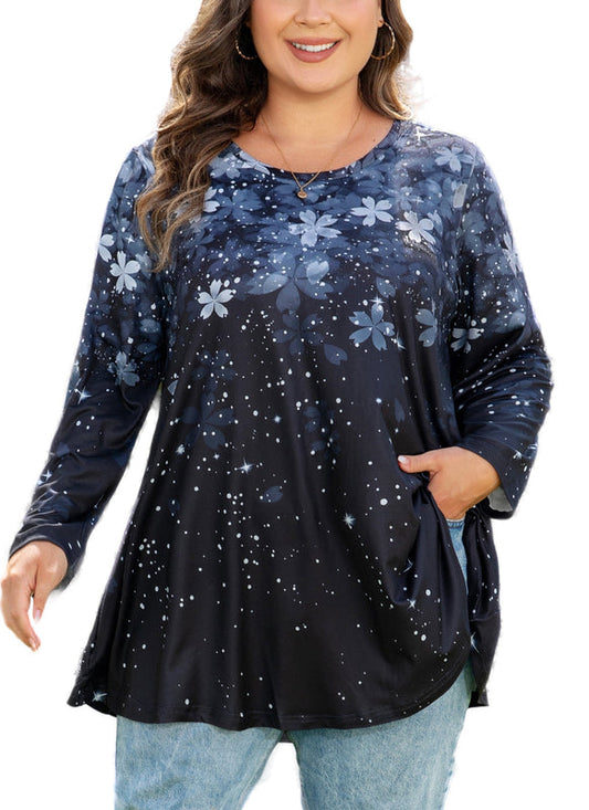 Women's Plus Size Grey & Black Floral Tunic Top – 3/4 Sleeve Swing Flare Blouse d9