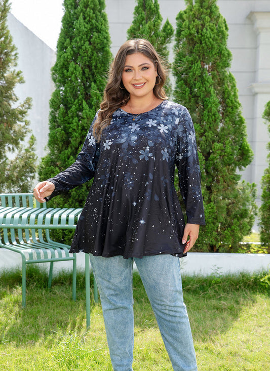 Women's Plus Size Grey & Black Floral Tunic Top – 3/4 Sleeve Swing Flare Blouse d9