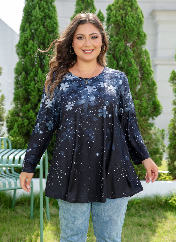 Women's Plus Size Grey & Black Floral Tunic Top – 3/4 Sleeve Swing Flare Blouse d9