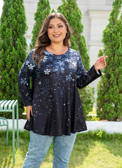 Women's Plus Size Grey & Black Floral Tunic Top – 3/4 Sleeve Swing Flare Blouse d9