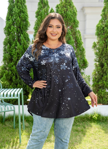 Women's Plus Size Grey & Black Floral Tunic Top – 3/4 Sleeve Swing Flare Blouse d9