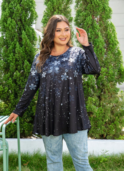 Women's Plus Size Grey & Black Floral Tunic Top – 3/4 Sleeve Swing Flare Blouse d9