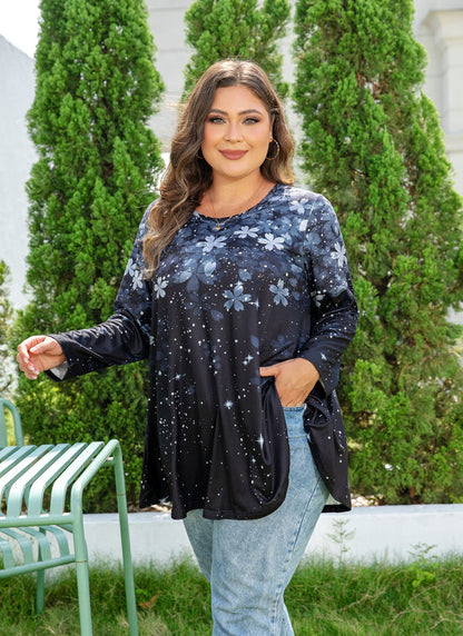 Women's Plus Size Grey & Black Floral Tunic Top – 3/4 Sleeve Swing Flare Blouse d9