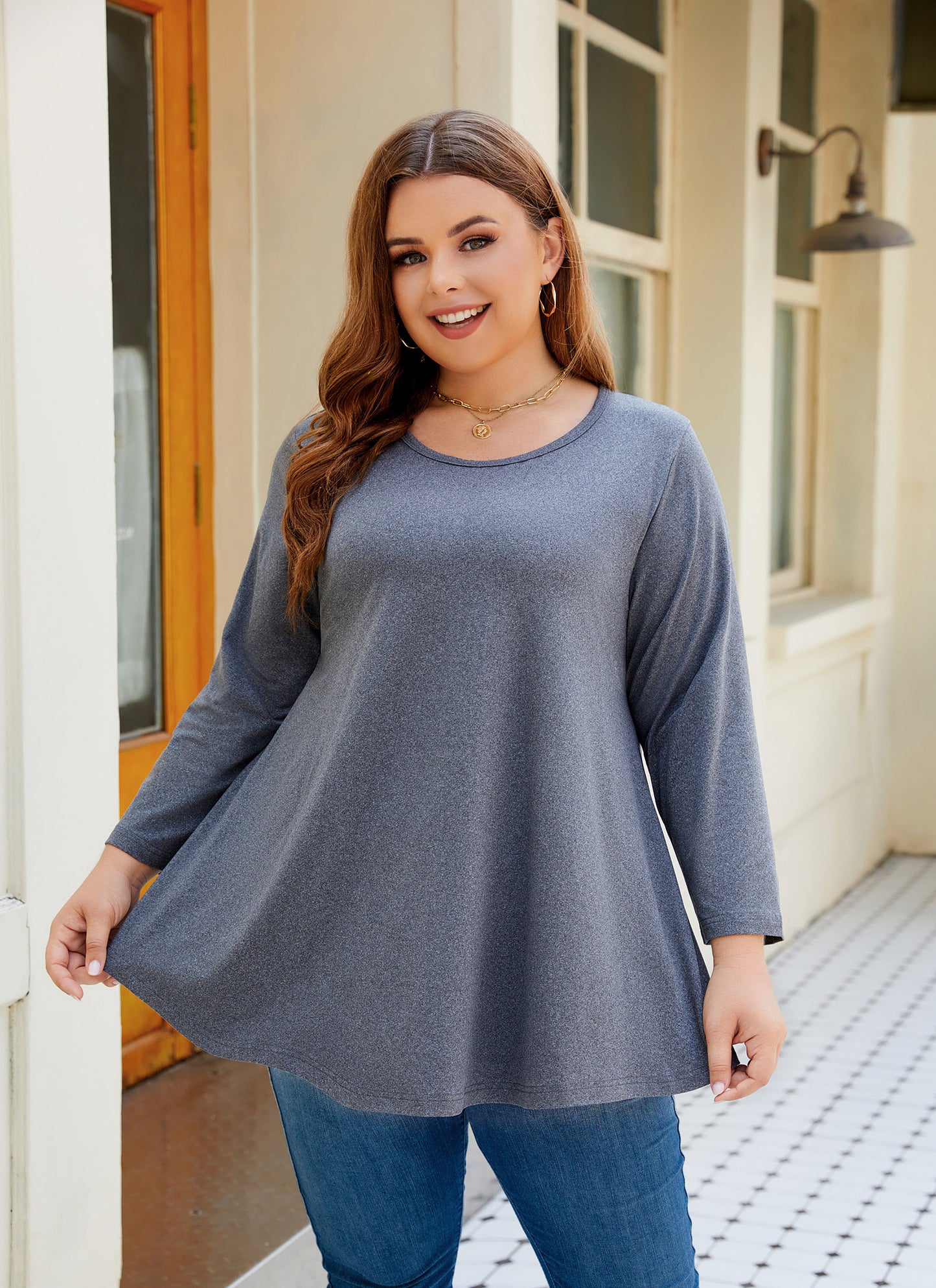 Womens Tops - Plus Size Tunics 3/4 Sleeve Loose Fit Dressy Casual Long Swing Flowy Lady Blouses Shirts Wear with Leggings Teals Blue Clothing A28 SATDG