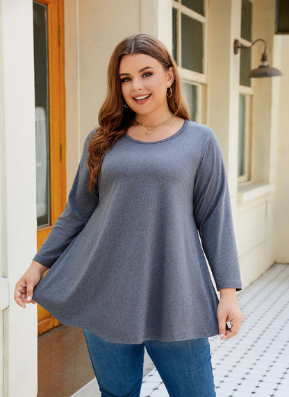 Women's Plus Size Dark Grey Tunic Top – 3/4 Sleeve Swing Flare Blouse for Leggings (L–6XL) A28