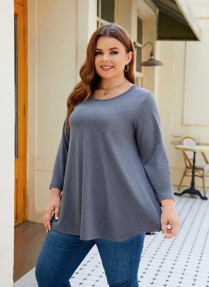 Women's Plus Size Dark Grey Tunic Top – 3/4 Sleeve Swing Flare Blouse for Leggings (L–6XL) A28