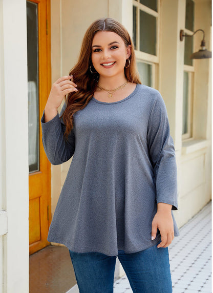 Women's Plus Size Dark Grey Tunic Top – 3/4 Sleeve Swing Flare Blouse for Leggings (L–6XL) A28
