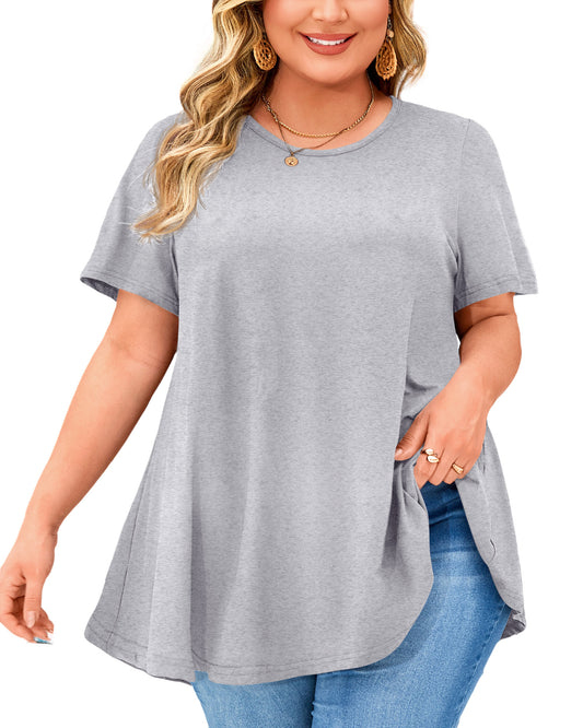 Tunic Tops for Women Plus Size Short Sleeve Crew Neck Swing Flare Loose T-Shirt Blouses to Wear with Leggings II