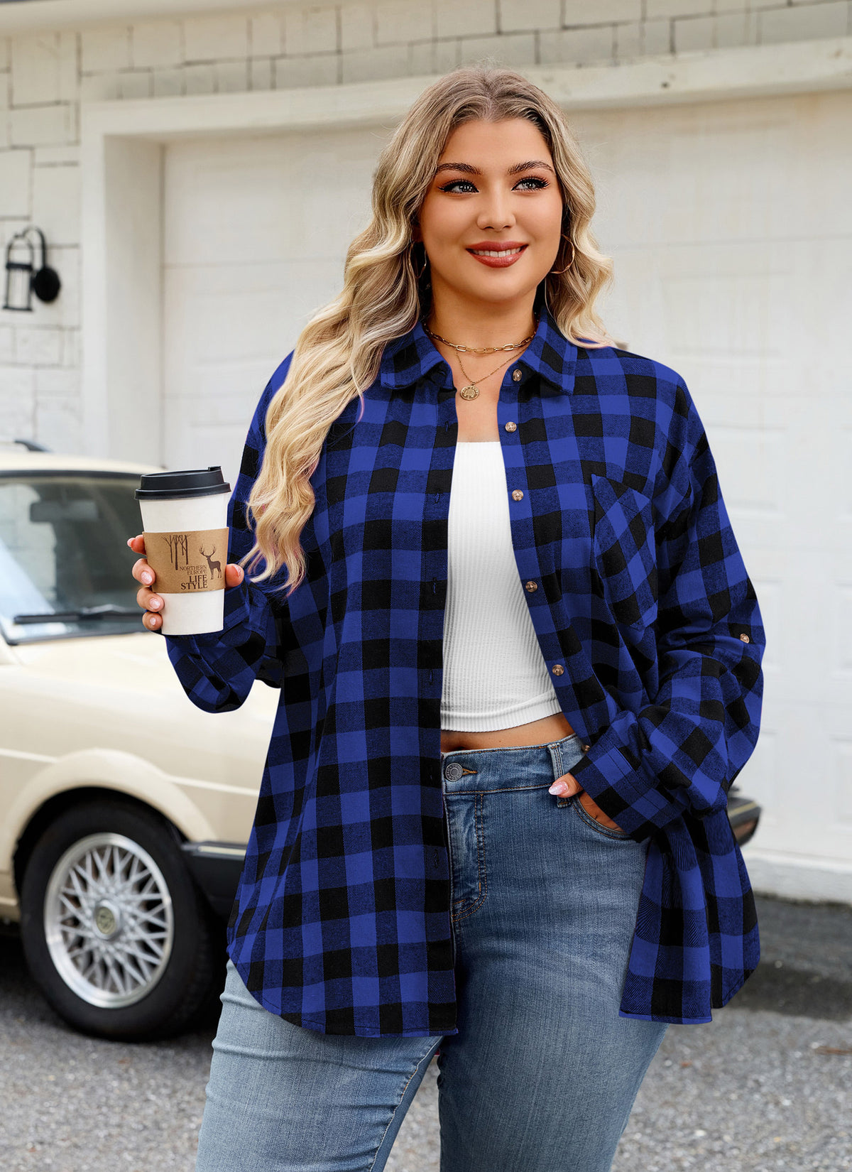 Plus Size Blue Buffalo Plaid Button-Up Shirt G18